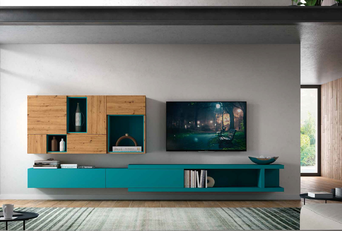 Composición modulable de mueble de salón azul ópalo de la colección After Living Rooms de Canoil
